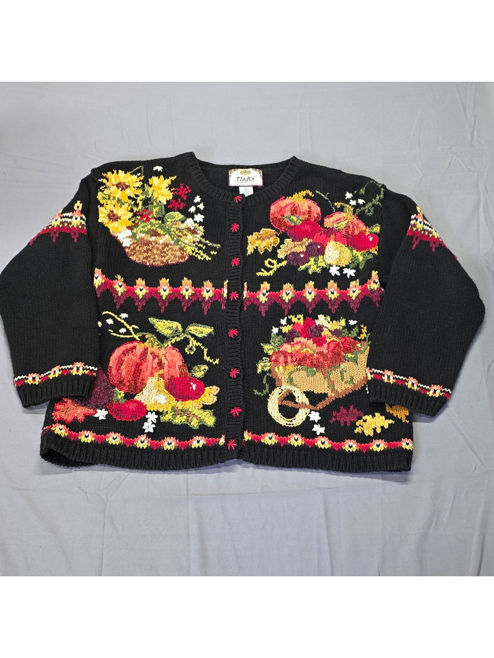 VTG 90/Y2K Chunky Knit Cardigan Tiara International Autumn Harvest M